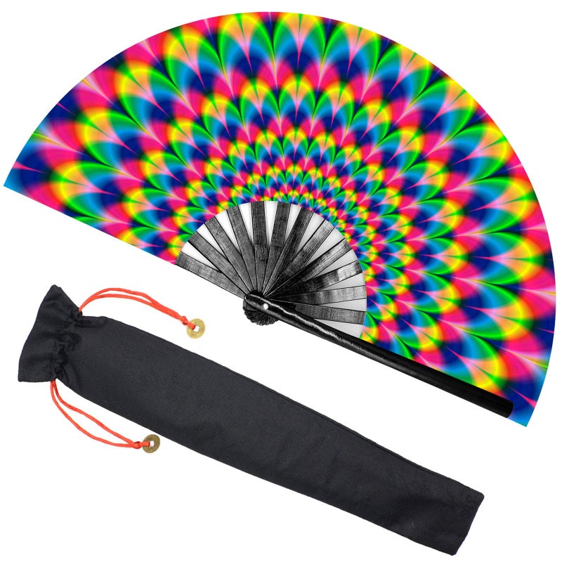 Zolee Large Rave Clack Fan for Line Dancing - Boots on The Ground Popping Folding Hand Fan - for EDM, Music Festival, Hot Flashes, Event, Party, Dance, Decorations, Gift (Trippy Checkered) - Image 1